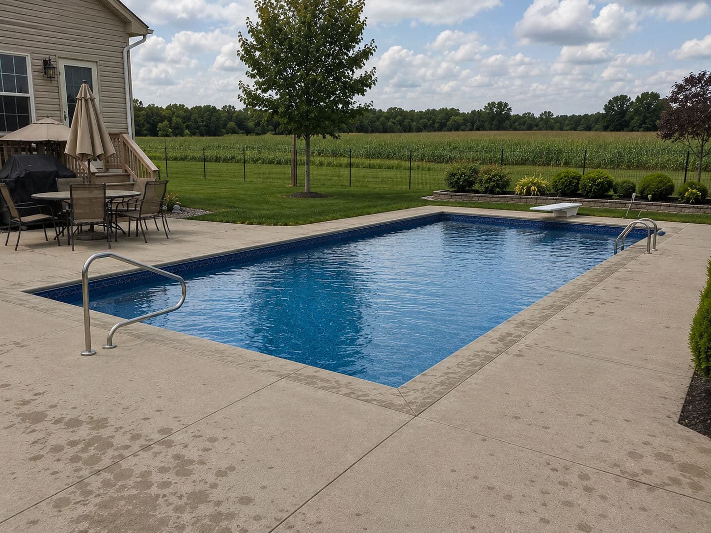 Backyard swimming pool with ladders, patio seating, and lush green landscape in the background.