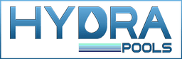 HYDRA POOLS logo featuring stylized text and a water droplet design.