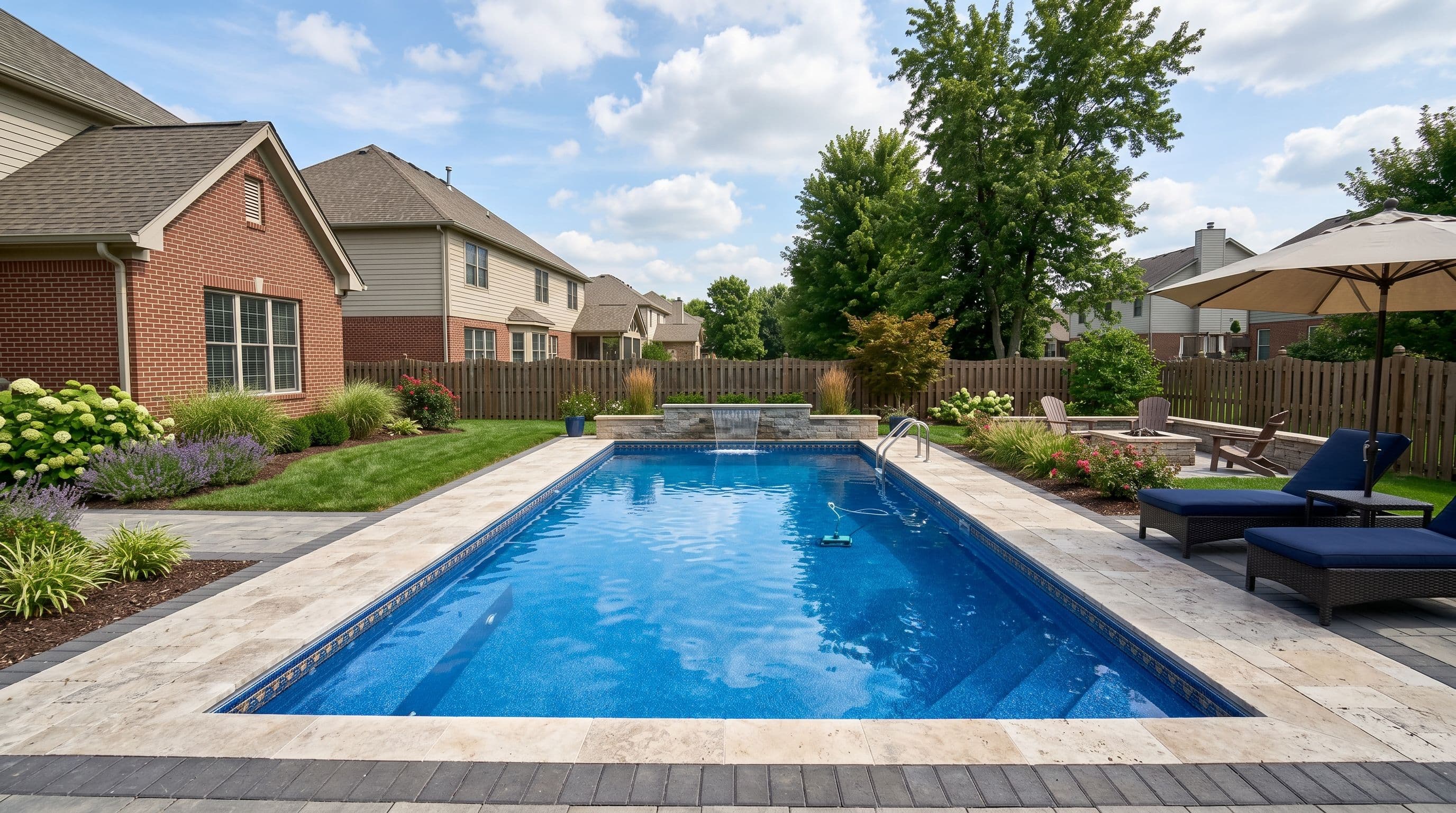 Backyard pool with clear water, surrounded by landscaped garden and lounging chairs.